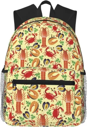Shrimp Crab Seafood Pattern Backpack for Women Men Worker Teacher Business Travel Backpacks Shoulders Bag Daypack Bookbag with Mesh Pockets