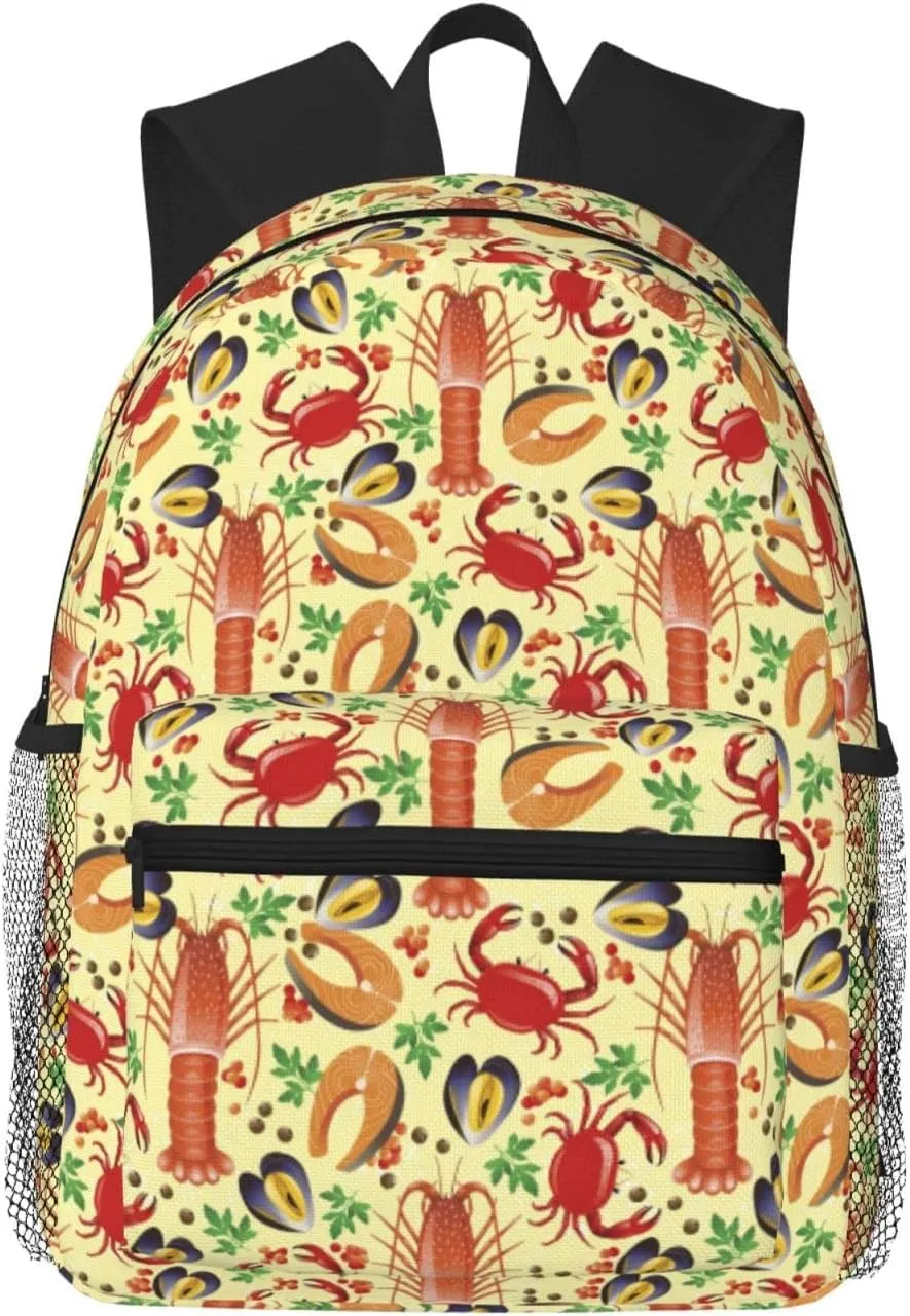 Shrimp Crab Seafood Pattern Backpack for Women Men Worker Teacher Business Travel Backpacks Shoulders Bag Daypack Bookbag with Mesh Pockets