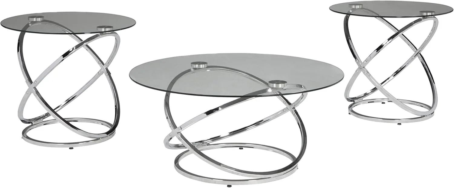 Signature Design by Ashley Hollynyx Contemporary Round 3-Piece Occasional Table Set, Includes Coffee Table and 2 End Tables, Chrome