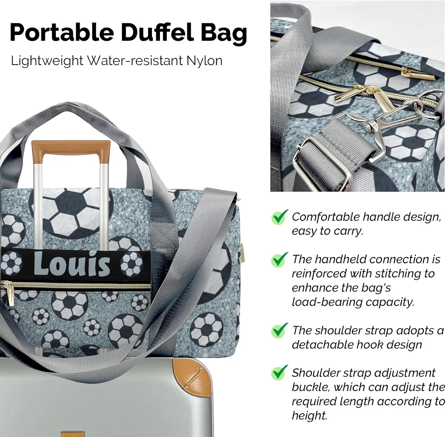Silver Gliiter Balls Soccer Weekender Duffel Bag with Shoe Compartment,Personalized Workout Duffle Sports Bag for Travel Yoga