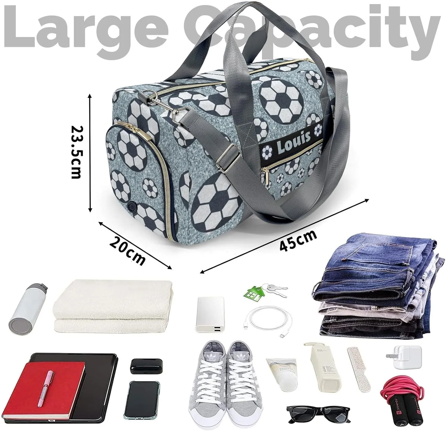 Silver Gliiter Balls Soccer Weekender Duffel Bag with Shoe Compartment,Personalized Workout Duffle Sports Bag for Travel Yoga