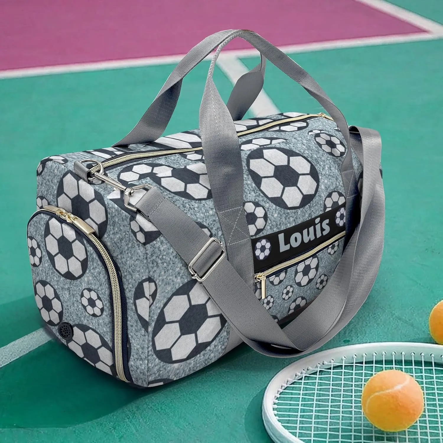 Silver Gliiter Balls Soccer Weekender Duffel Bag with Shoe Compartment,Personalized Workout Duffle Sports Bag for Travel Yoga