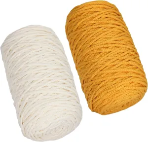 SIMEIQI 2 PCS 400g Beige Yellow 100% Cotton Yarn Hollow Knitted Crochet Yarn,328 Yards Fabric Yarn Round Rope Yarn for DIY Handbag Purse Basket Cushion Crochet Bag