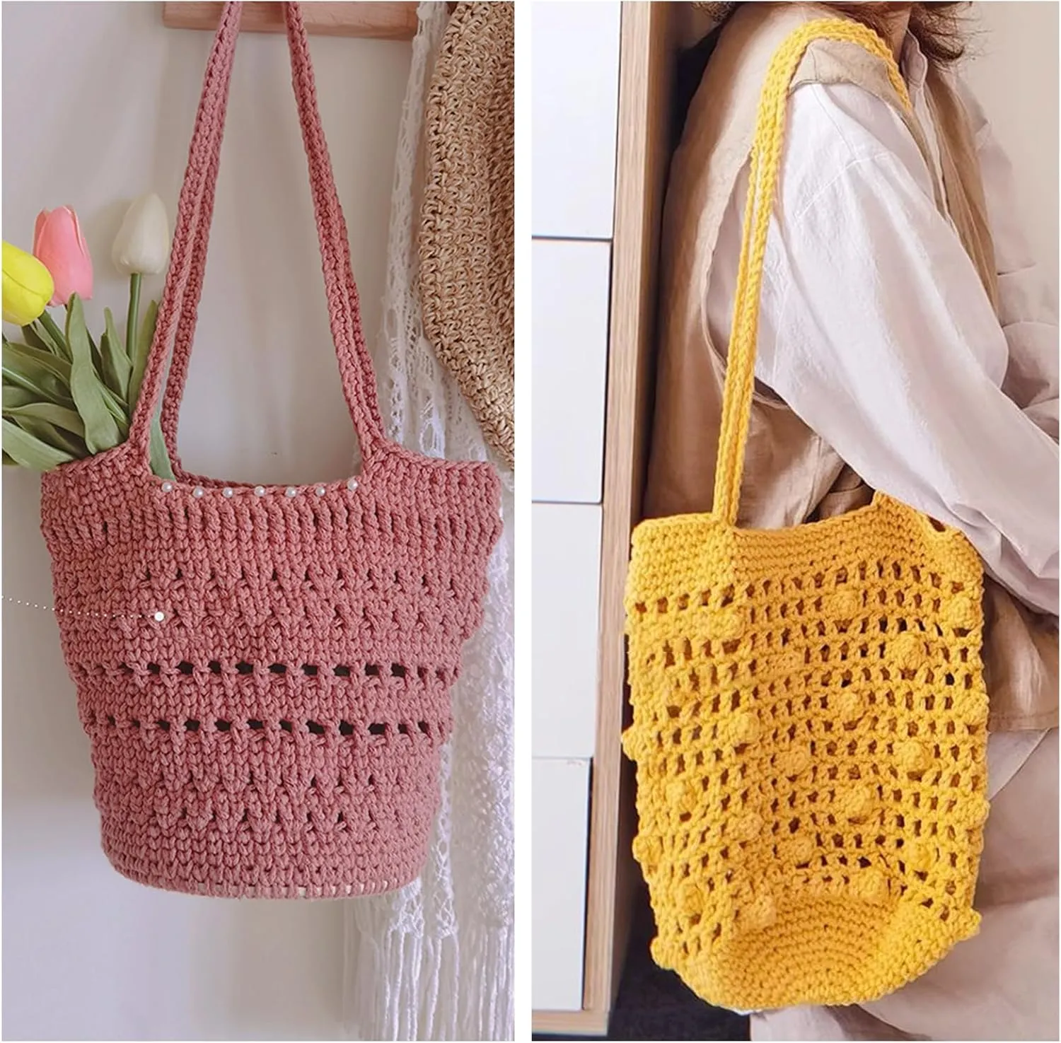 SIMEIQI 2 PCS 400g Beige Yellow 100% Cotton Yarn Hollow Knitted Crochet Yarn,328 Yards Fabric Yarn Round Rope Yarn for DIY Handbag Purse Basket Cushion Crochet Bag