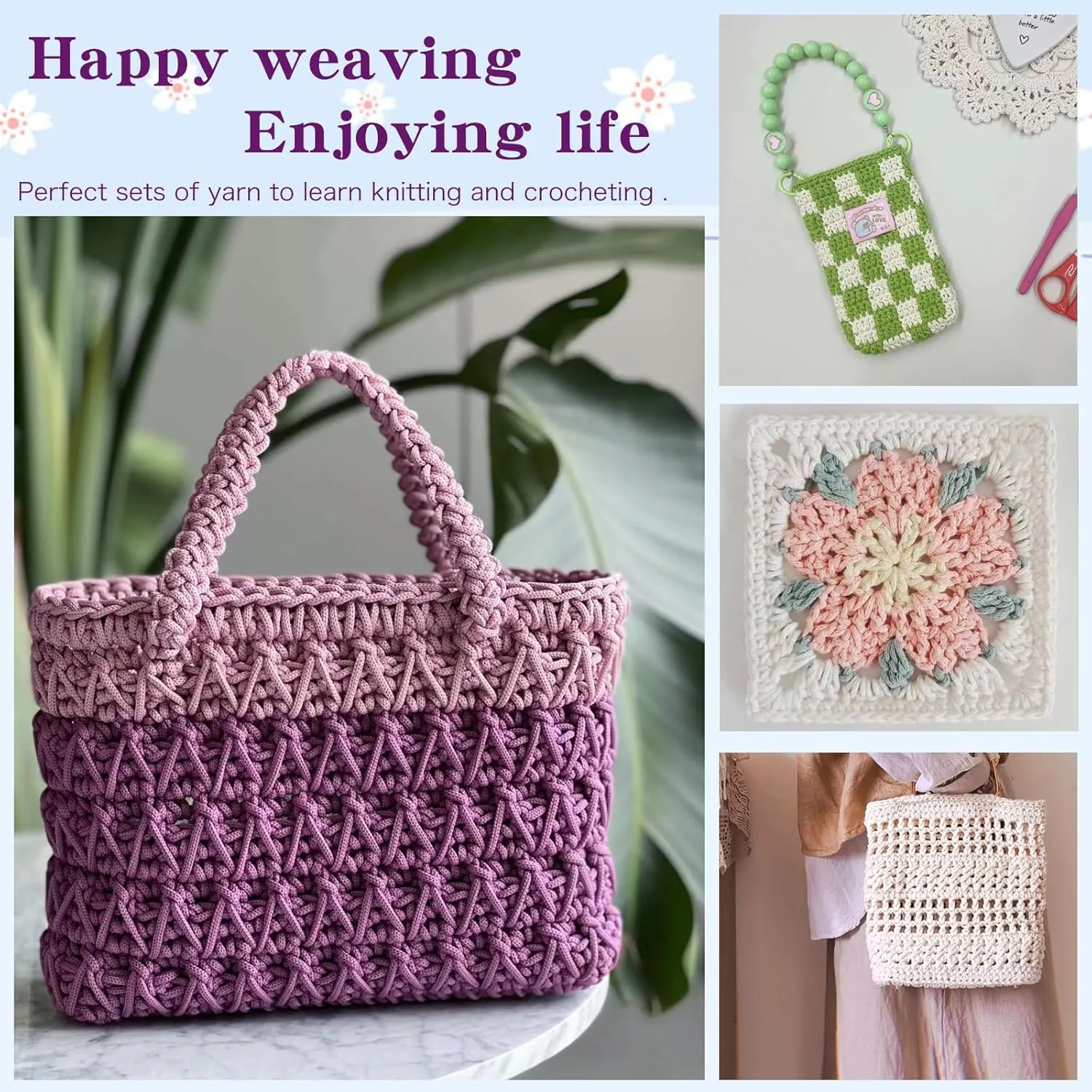 SIMEIQI 2 PCS 400g Beige Yellow 100% Cotton Yarn Hollow Knitted Crochet Yarn,328 Yards Fabric Yarn Round Rope Yarn for DIY Handbag Purse Basket Cushion Crochet Bag