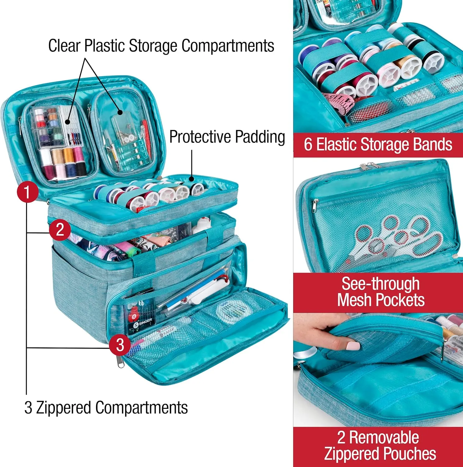 SINGER Sewing Accessories Organizer (Bag Only) – Double Layer Portable Sewing Storage Bag | 2 Detachable Pouches and 18 Compartments, Large Sewing Supplies & Crafting Carry-all (Teal)