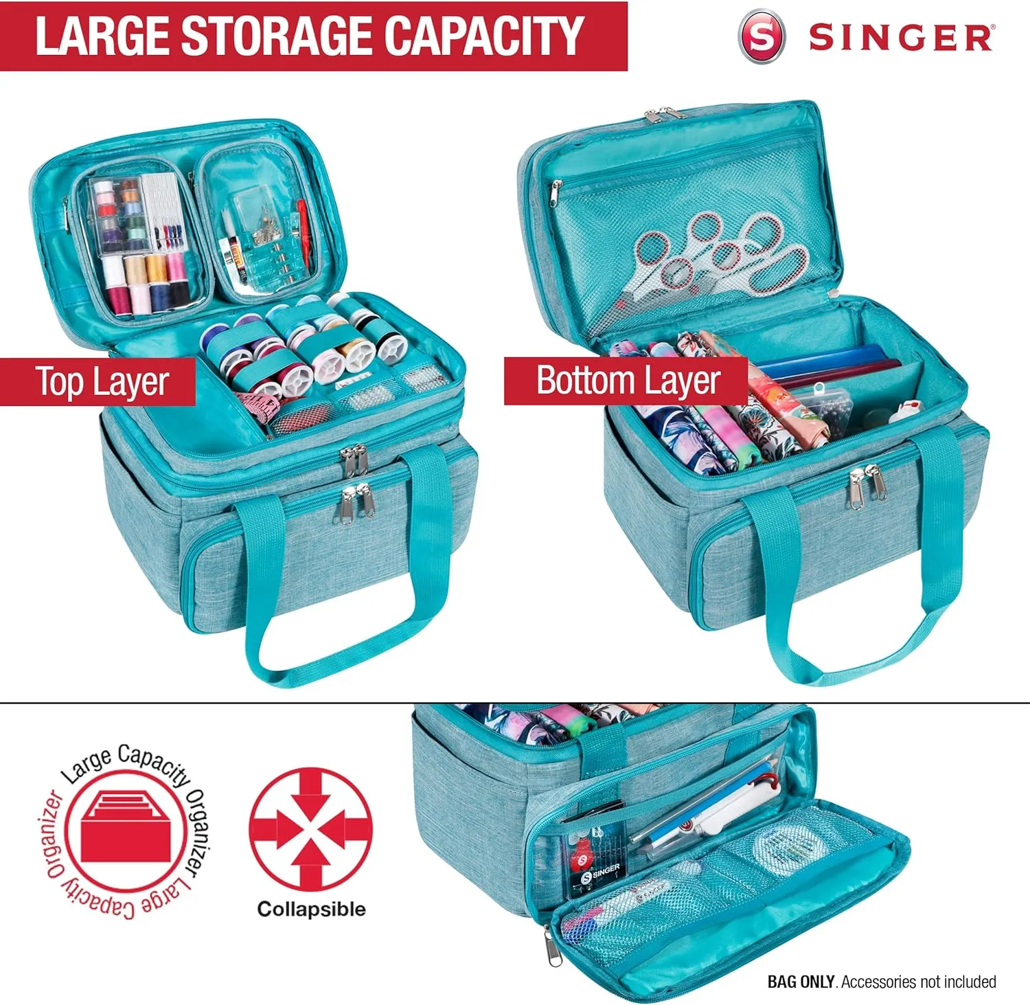 SINGER Sewing Accessories Organizer (Bag Only) – Double Layer Portable Sewing Storage Bag | 2 Detachable Pouches and 18 Compartments, Large Sewing Supplies & Crafting Carry-all (Teal)