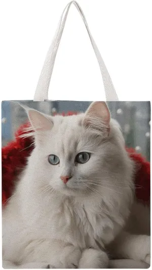 Single Canvas Shopping Bag,Cute White Cat Print Cotton Tote Bag,practical Large Capacity Tote Bag,ladies Tote Bag