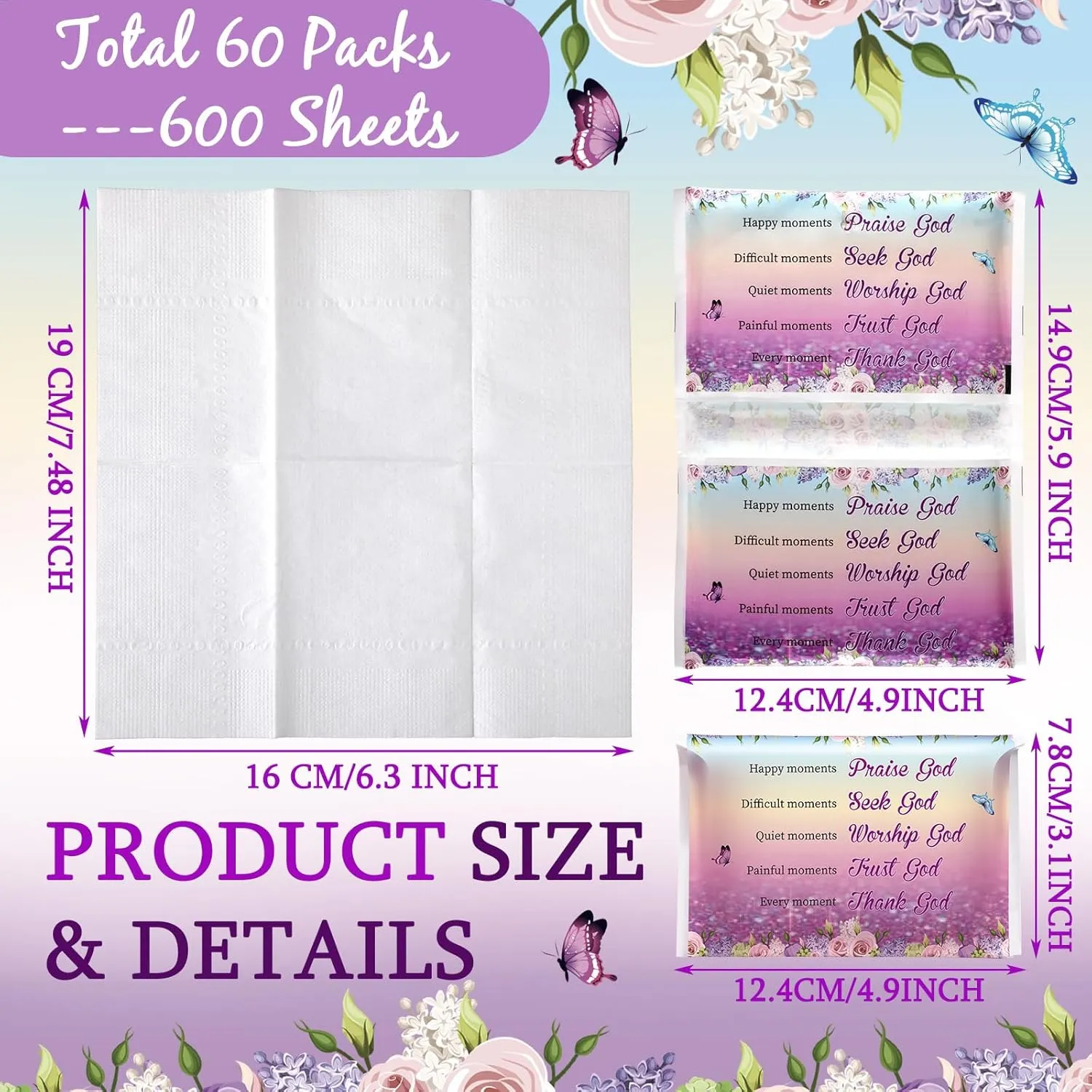 Sinmoe 60 Pack Pocket Tissues Travel Packs Christian Travel Tissues Wallet Facial Tissues 3 Ply Pocket Size for Guests Mini Tissues for Breast Cancer Wedding Xmas Graduation(Butterfly)