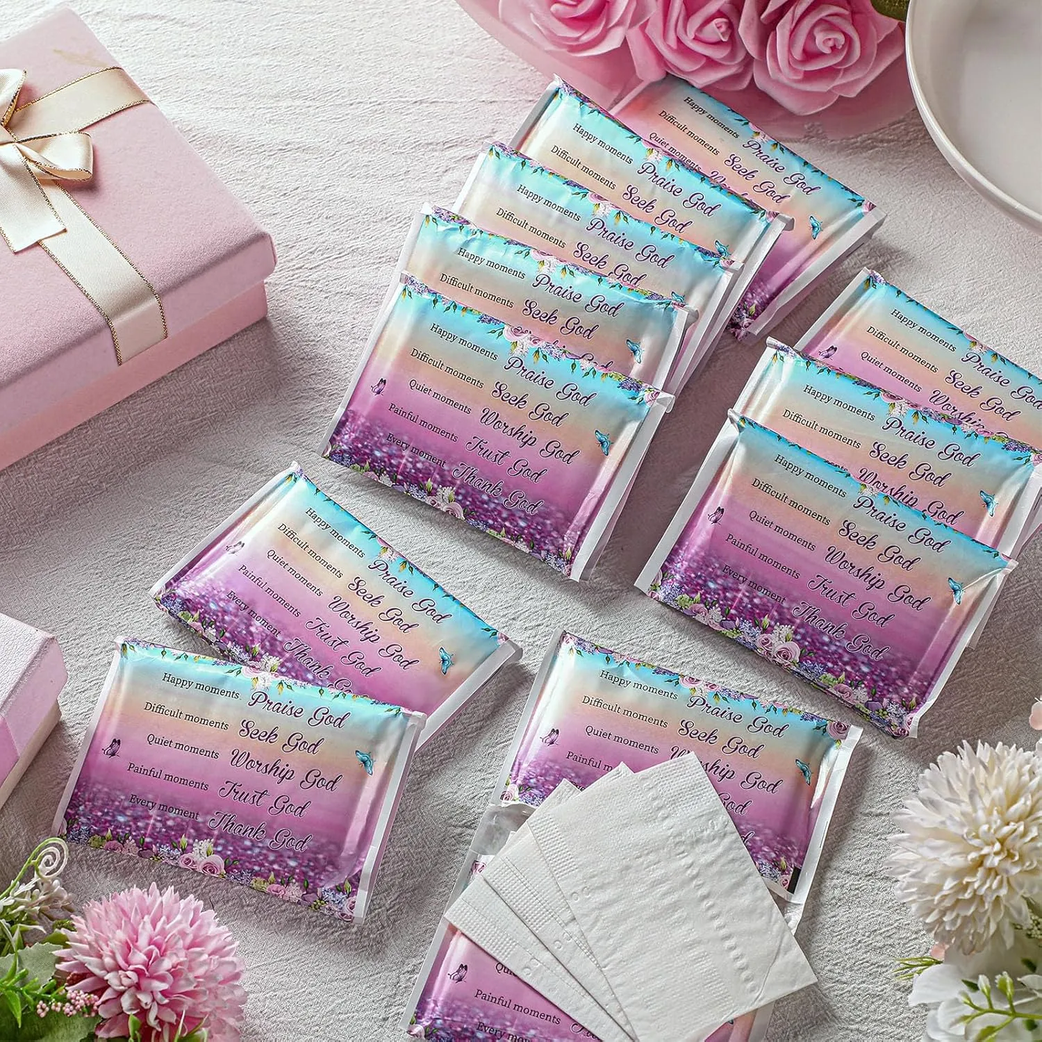 Sinmoe 60 Pack Pocket Tissues Travel Packs Christian Travel Tissues Wallet Facial Tissues 3 Ply Pocket Size for Guests Mini Tissues for Breast Cancer Wedding Xmas Graduation(Butterfly)