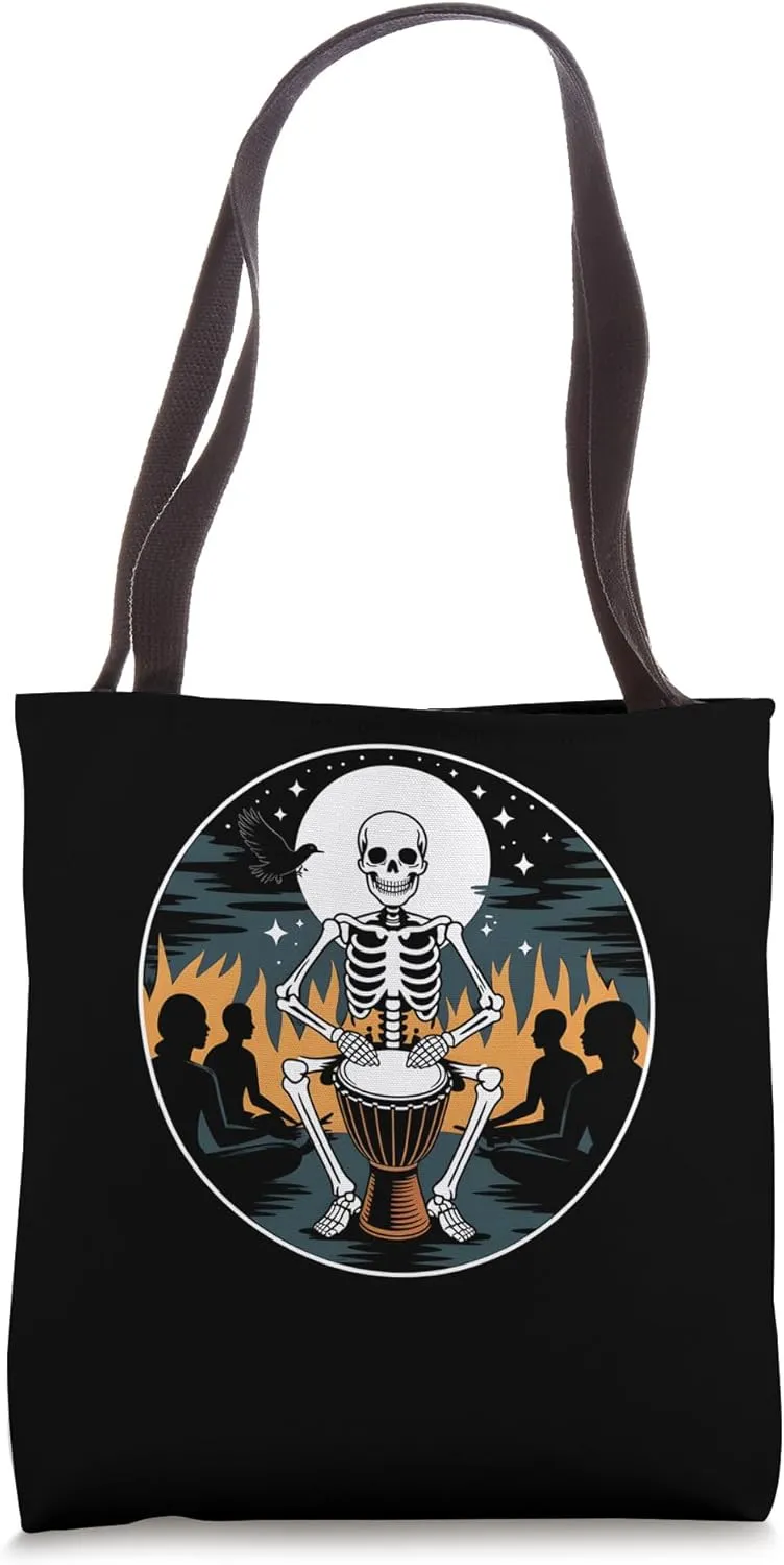 Skeleton Playing Djembe Campfire Tribal Drumming Tote Bag