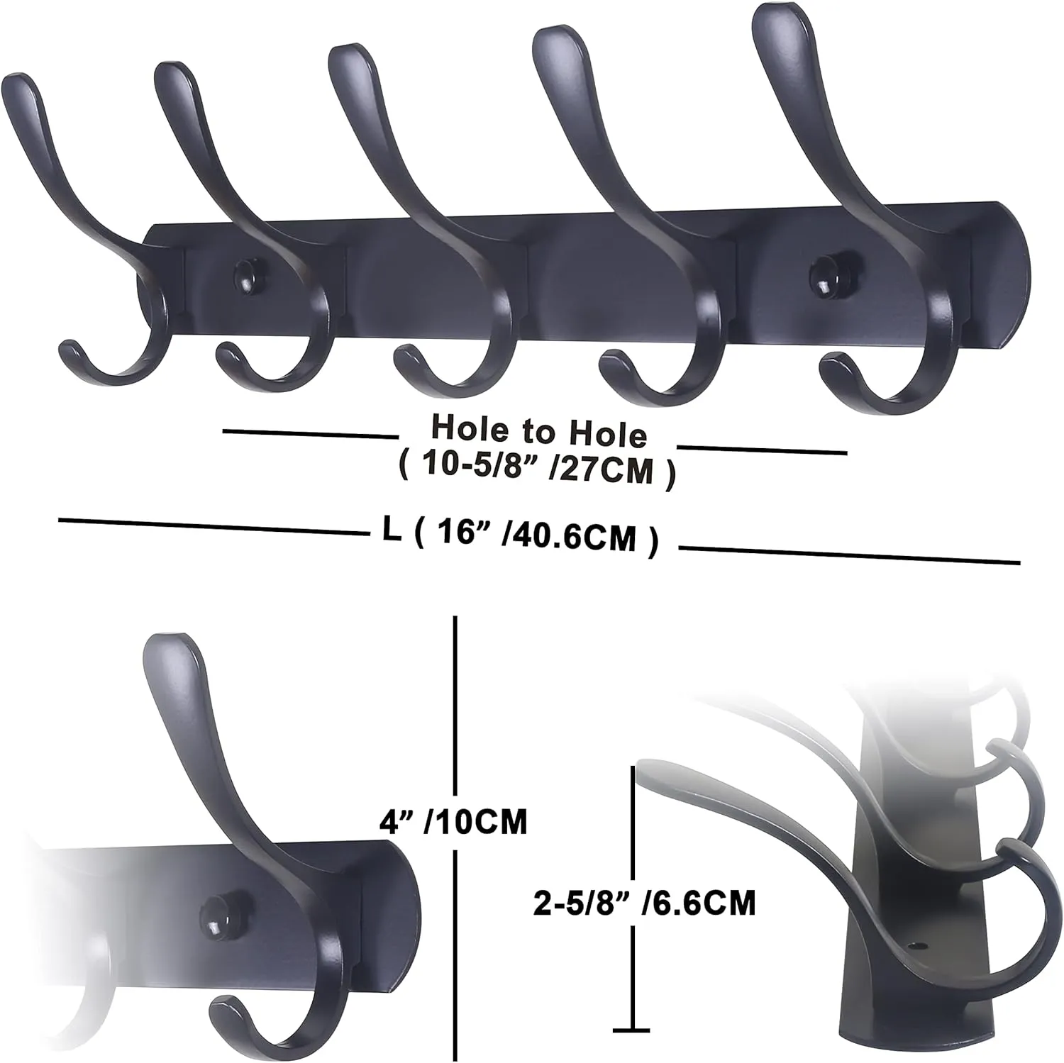SKOLOO Modern Metal Wall Coat Rack with 5 Hooks, Pack of 2, Sturdy Wall Hook Rack for Hanging Coat, Jacket, Clothes, Hat, Matte Black
