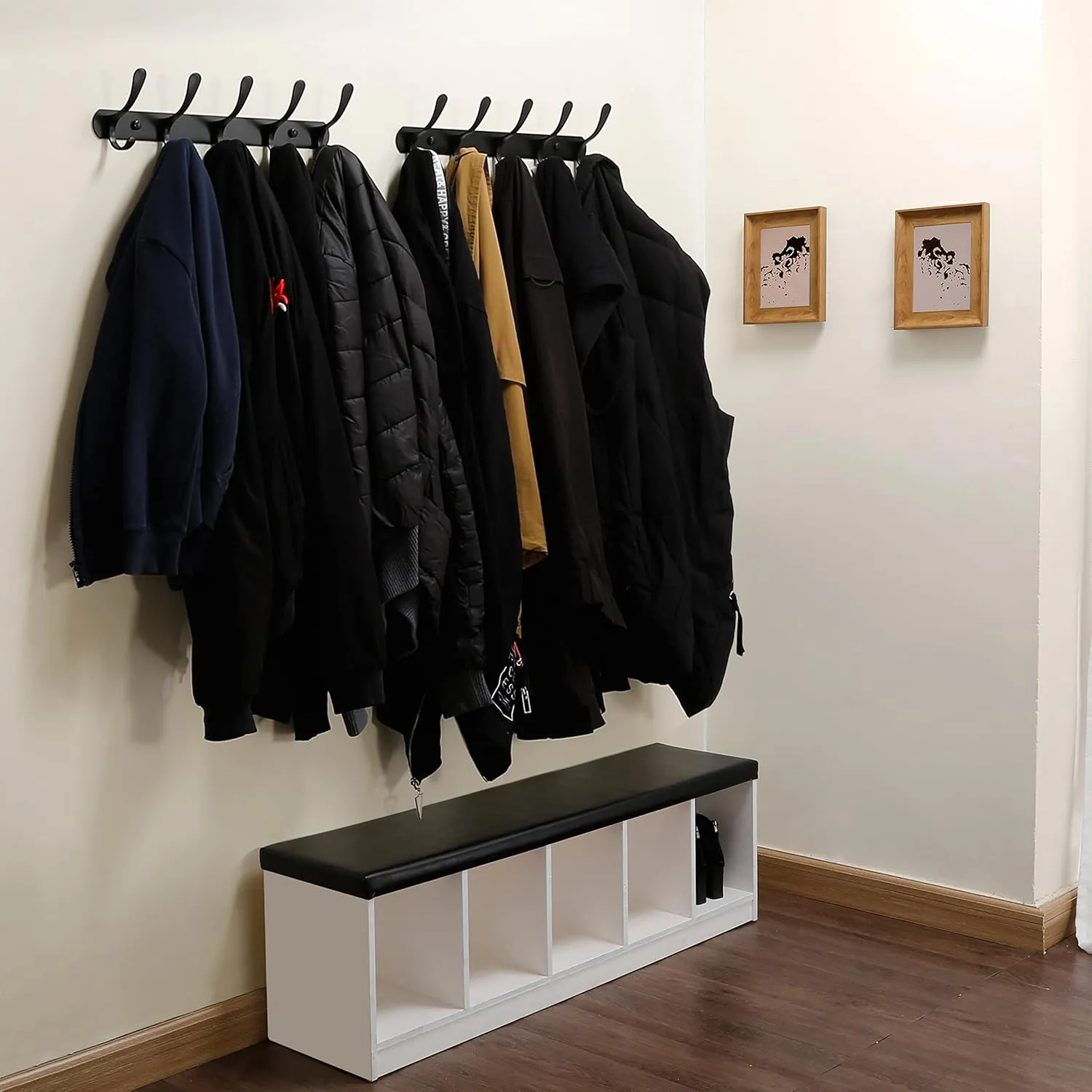 SKOLOO Modern Metal Wall Coat Rack with 5 Hooks, Pack of 2, Sturdy Wall Hook Rack for Hanging Coat, Jacket, Clothes, Hat, Matte Black