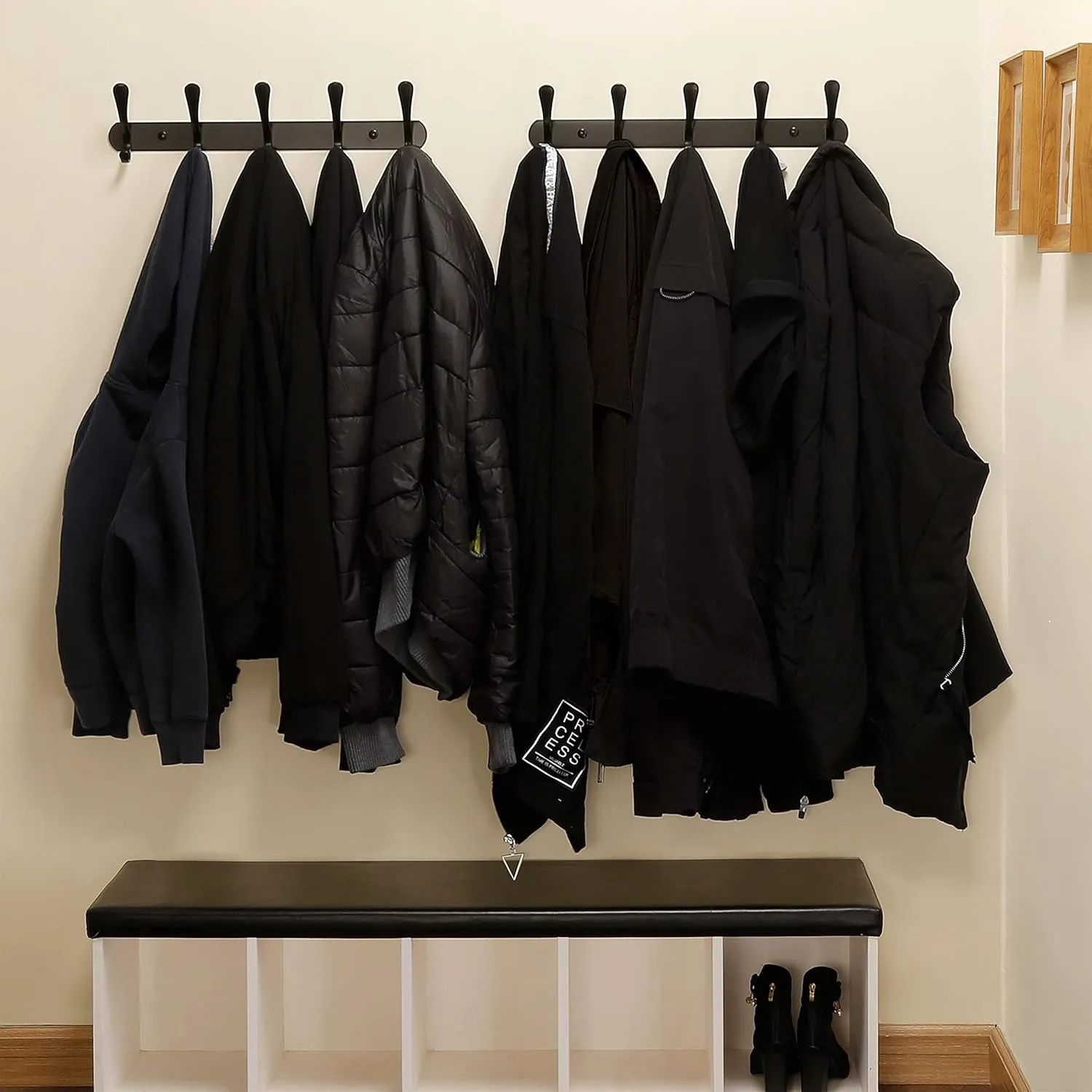 SKOLOO Modern Metal Wall Coat Rack with 5 Hooks, Pack of 2, Sturdy Wall Hook Rack for Hanging Coat, Jacket, Clothes, Hat, Matte Black