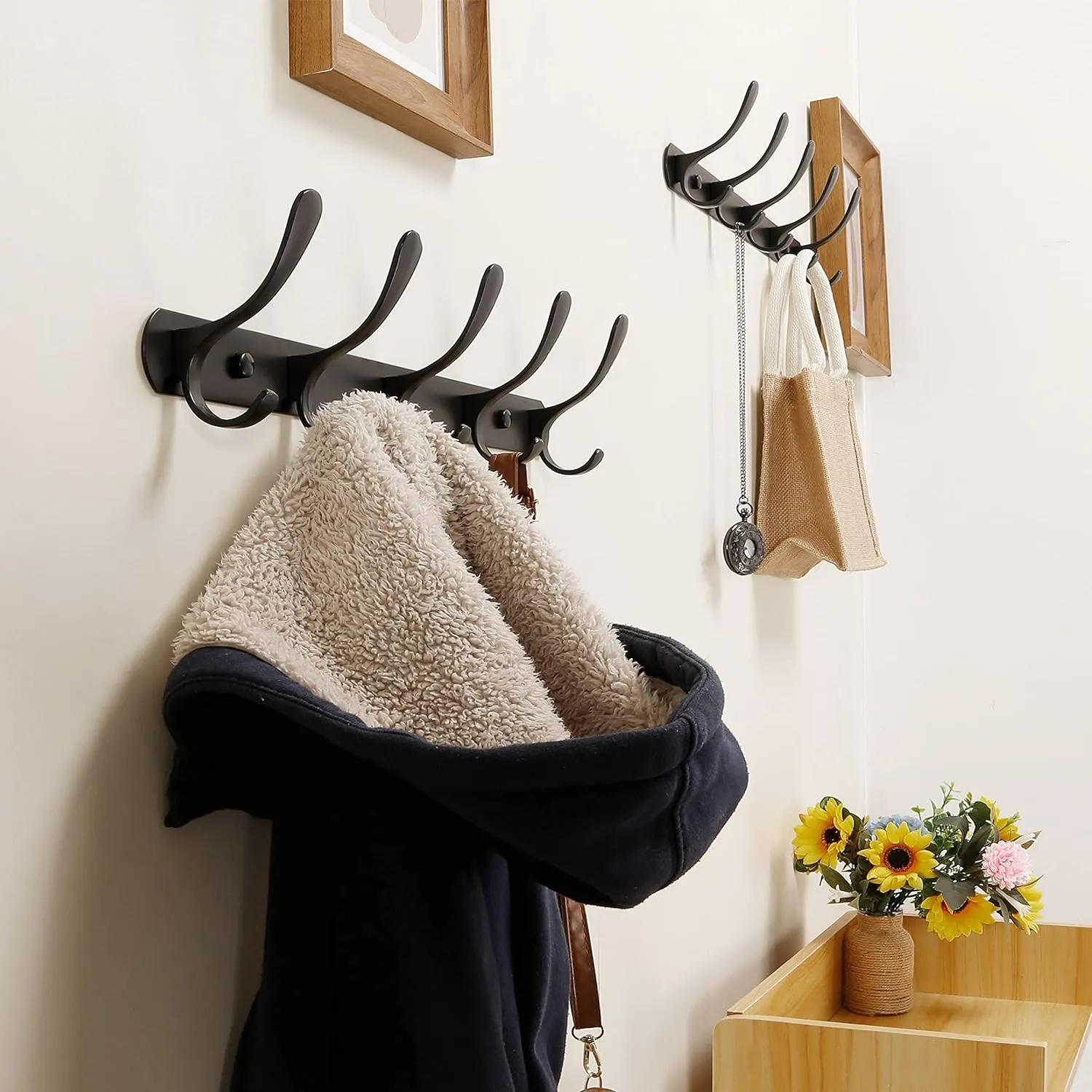 SKOLOO Modern Metal Wall Coat Rack with 5 Hooks, Pack of 2, Sturdy Wall Hook Rack for Hanging Coat, Jacket, Clothes, Hat, Matte Black