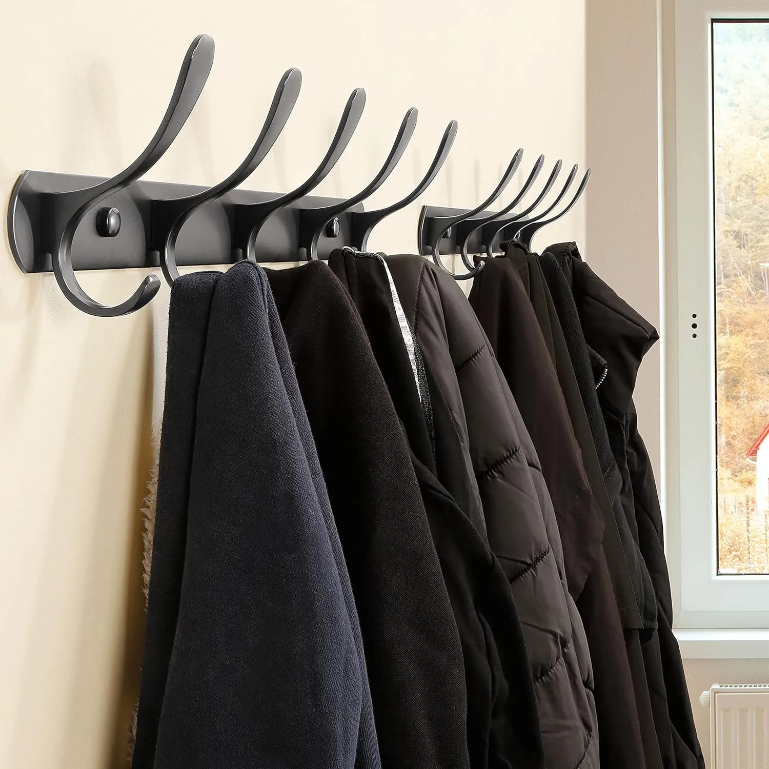 SKOLOO Modern Metal Wall Coat Rack with 5 Hooks, Pack of 2, Sturdy Wall Hook Rack for Hanging Coat, Jacket, Clothes, Hat, Matte Black