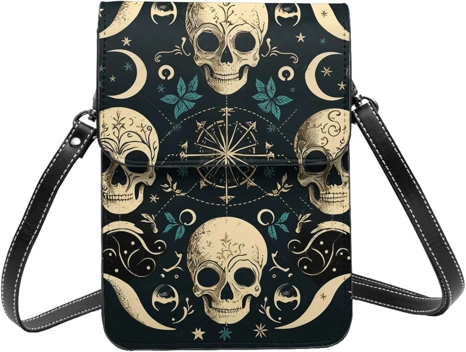 skull Abstract moon phases mystic Vintage Leather Small Crossbody Bags for Women Cell Phone Bag Wallet Purses with Adjustable Strap