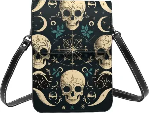 skull Abstract moon phases mystic Vintage Leather Small Crossbody Bags for Women Cell Phone Bag Wallet Purses with Adjustable Strap