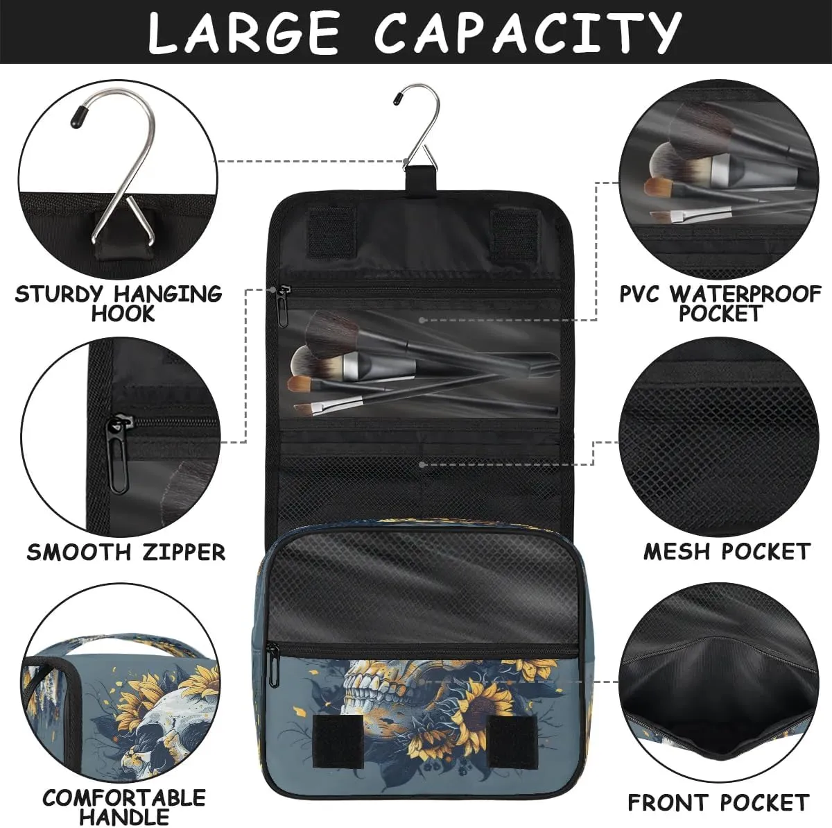 Skull Sunflower Hanging Toiletry Bag for Women Travel Makeup Bag Cosmetic Organizer Travel Toiletries Bag for Men