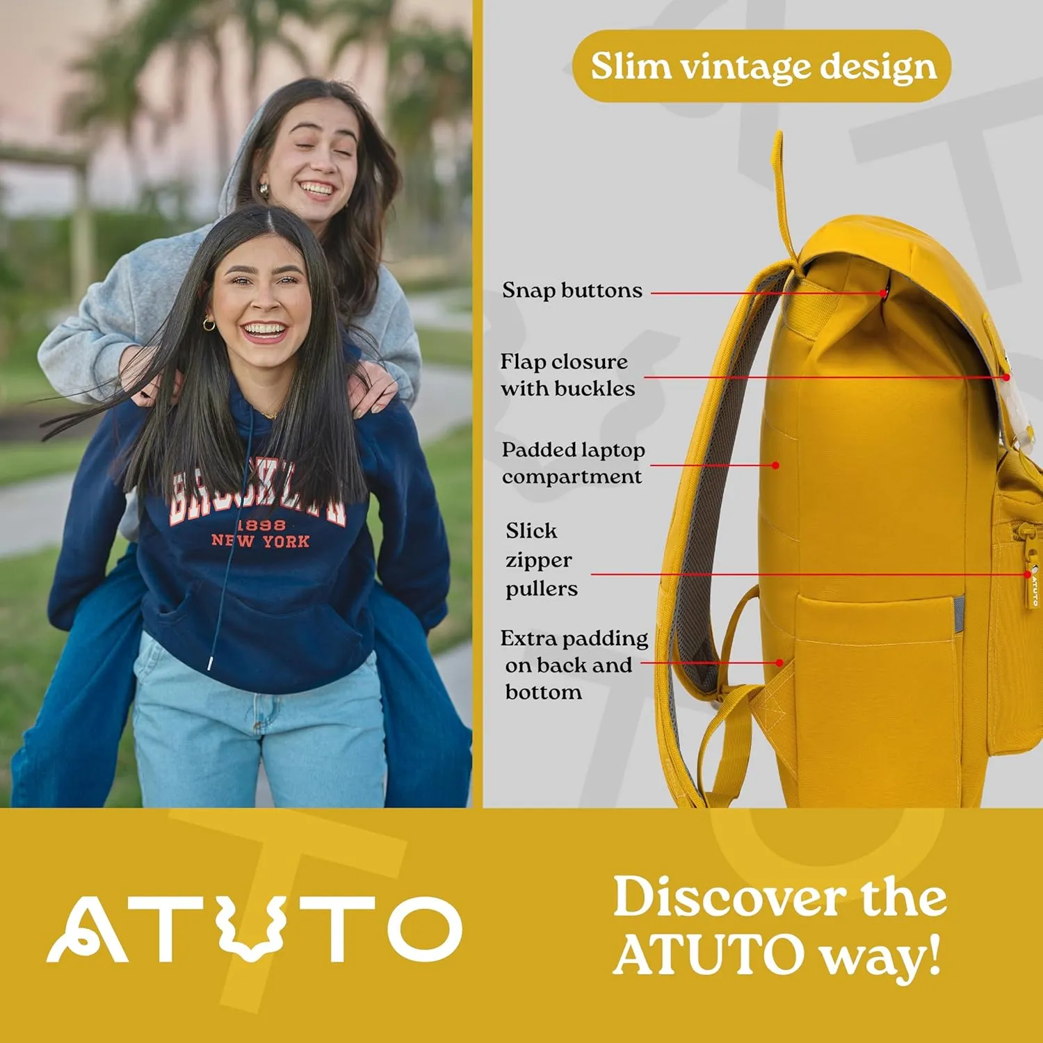 Slim Vintage Backpack for Men and Women, Flap Backpack for Laptop till 16.5", Extra Padding, Durable Fabric (Mustard)
