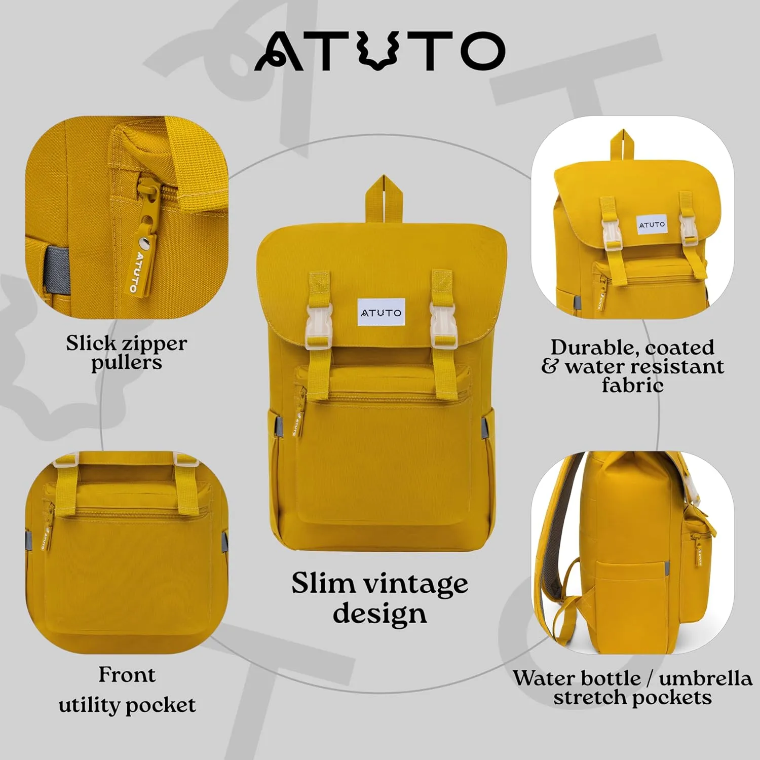 Slim Vintage Backpack for Men and Women, Flap Backpack for Laptop till 16.5", Extra Padding, Durable Fabric (Mustard)