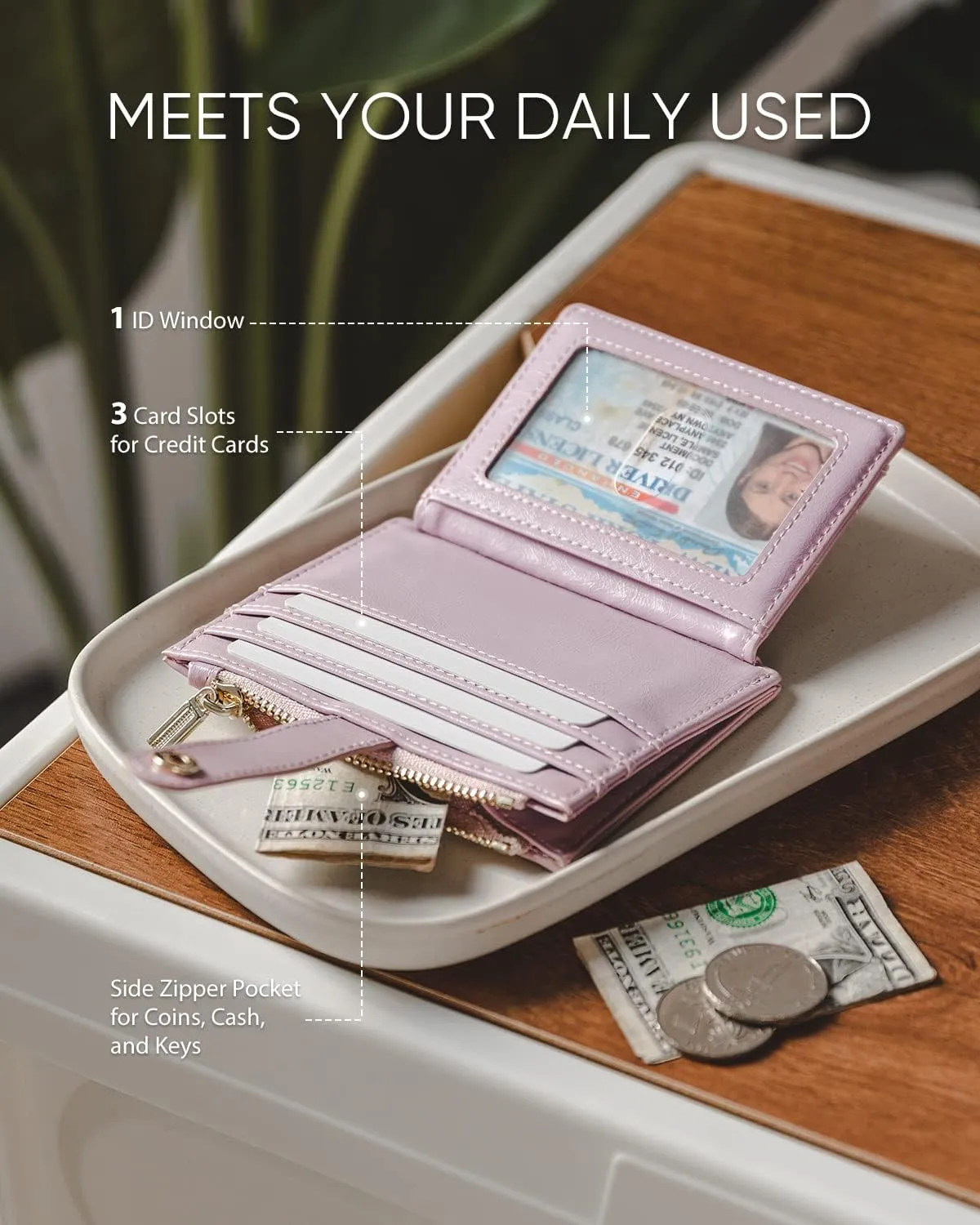 Slim Wallet for Women Minimalsit Bifold Leather Purse RFID Blocking Small Credit Card Wallet with Zipper Pocket(Lavender)