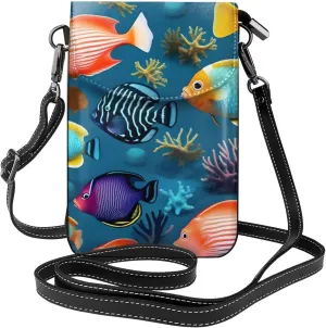 Small Cell Phone Purse - Stylish Quality And Soft Leather Messenger Horizontal Purse Crossbody Flap Phone Case For Women Submarine reef fish Printing
