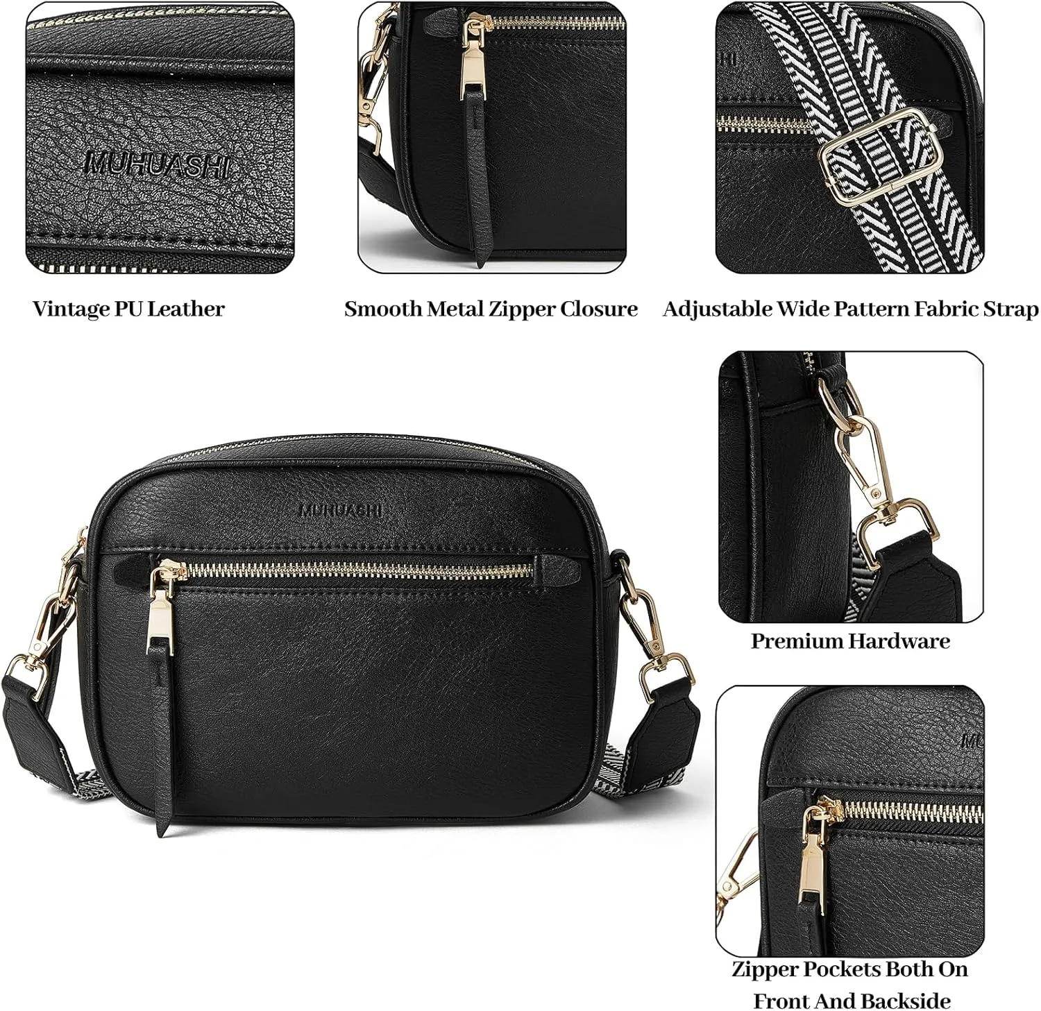 Small Crossbody Bag for Women Triple Pockets Vegan Leather Shoulder Camera Purse with Long Guitar Strap