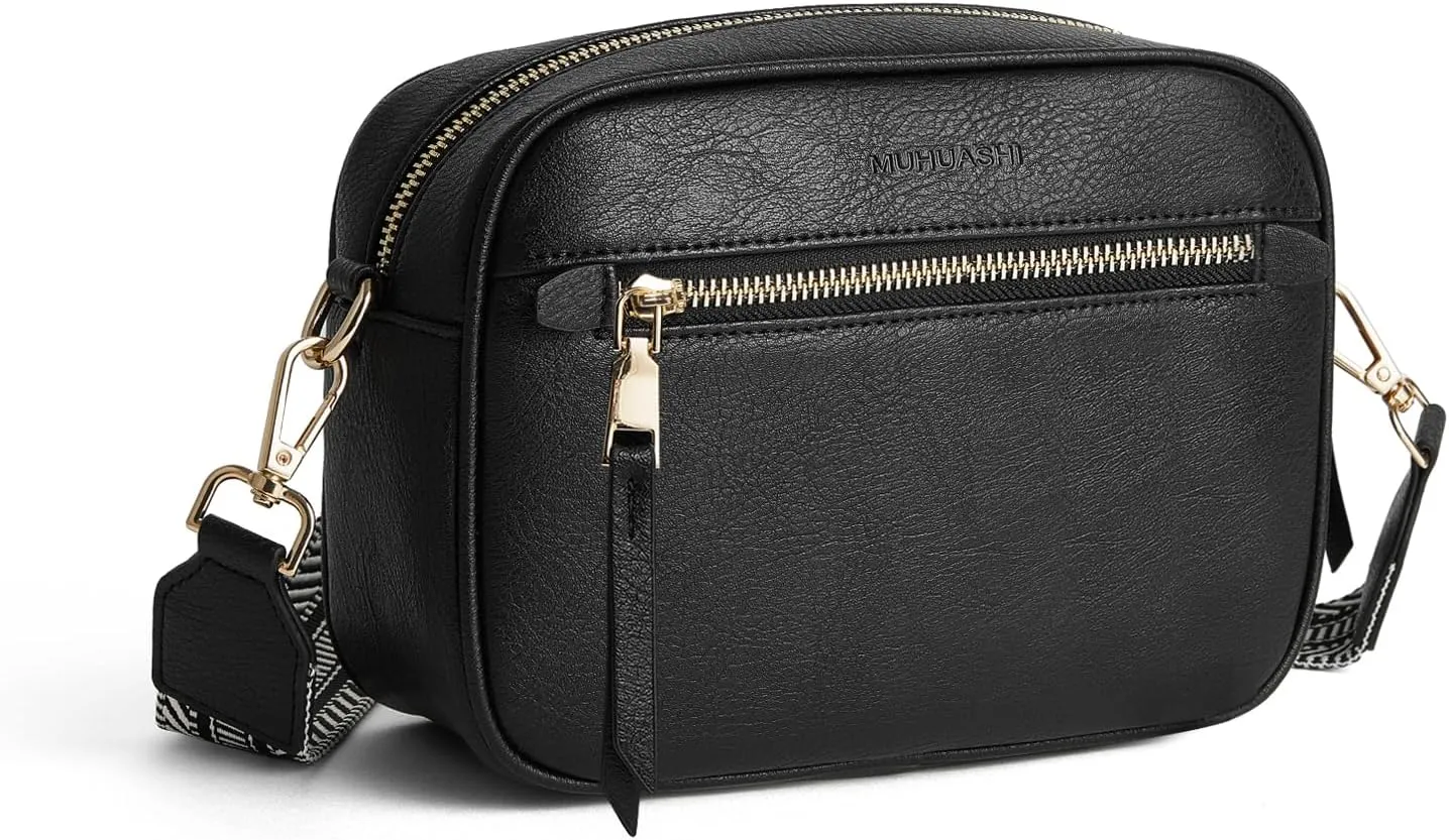 Small Crossbody Bag for Women Triple Pockets Vegan Leather Shoulder Camera Purse with Long Guitar Strap