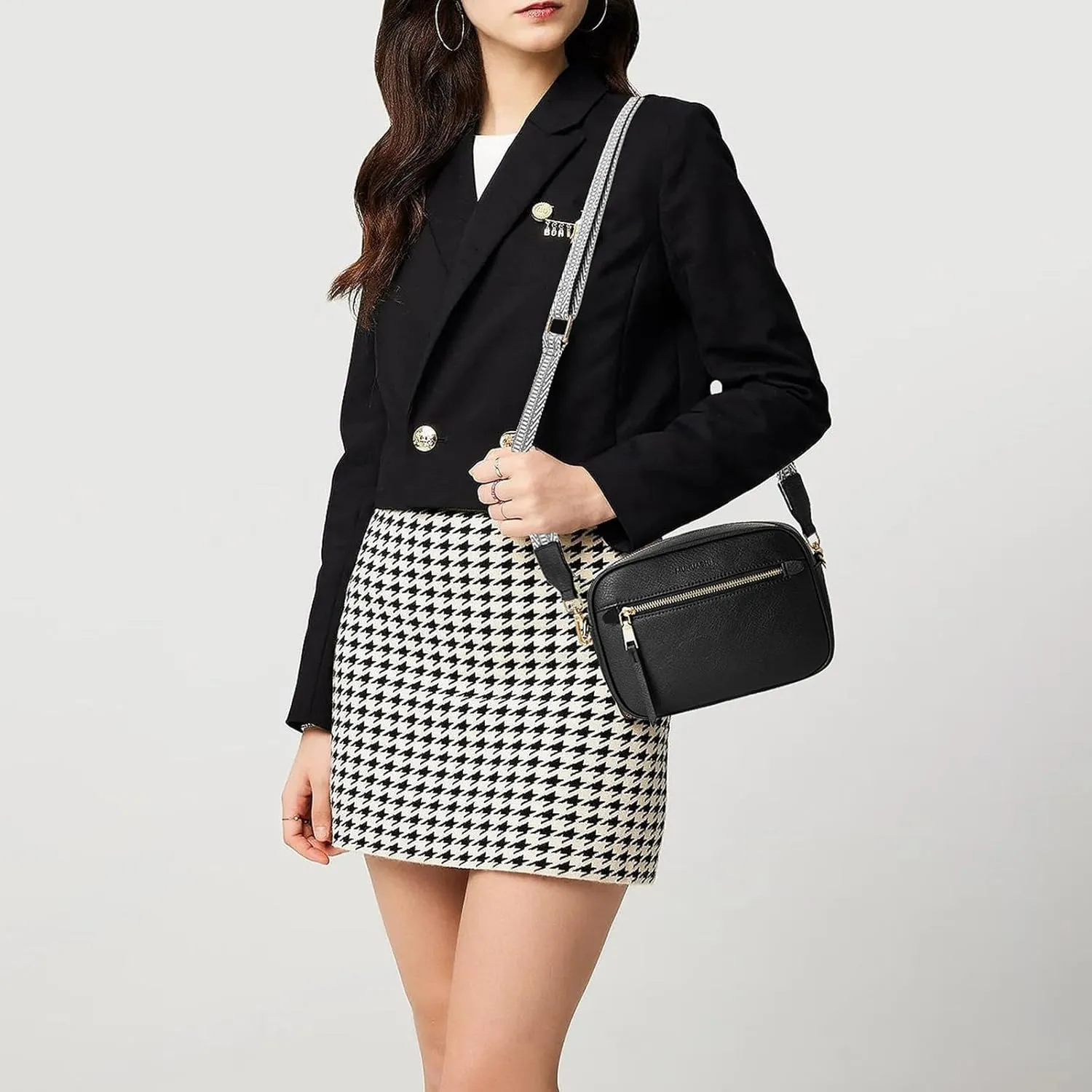 Small Crossbody Bag for Women Triple Pockets Vegan Leather Shoulder Camera Purse with Long Guitar Strap