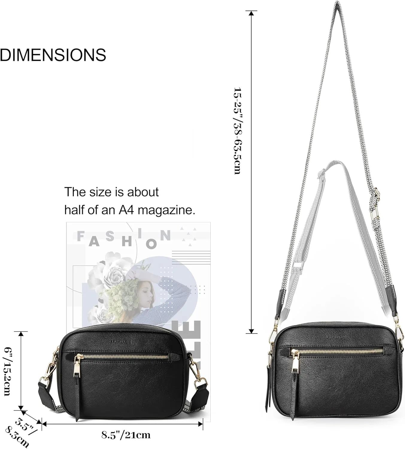 Small Crossbody Bag for Women Triple Pockets Vegan Leather Shoulder Camera Purse with Long Guitar Strap