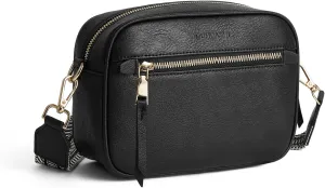 Small Crossbody Bag for Women Triple Pockets Vegan Leather Shoulder Camera Purse with Long Guitar Strap