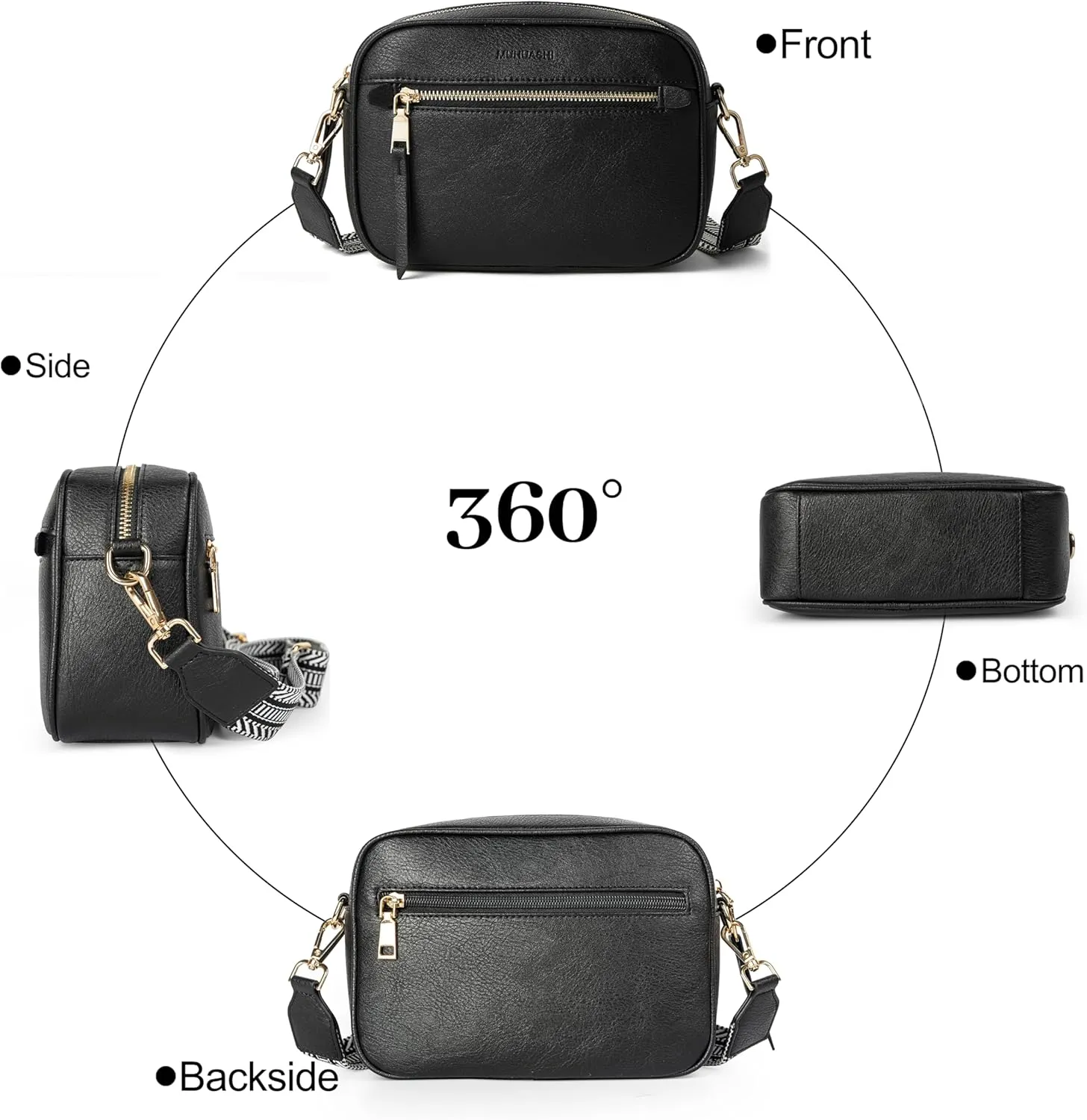 Small Crossbody Bag for Women Triple Pockets Vegan Leather Shoulder Camera Purse with Long Guitar Strap