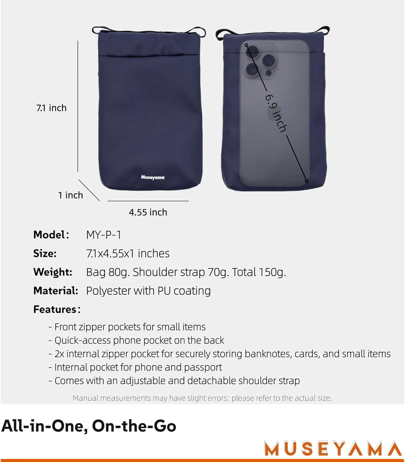 Small Crossbody Bag – Lightweight Foldable Water-Resistant Phone Purse with Adjustable/Detachable Strap