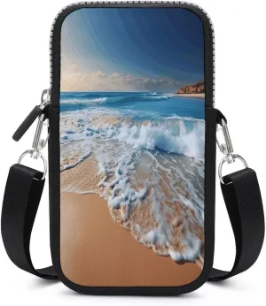 Small Crossbody Wallet Phone Bag,Blue Sea Sandy Beach Print Cell Phone Purse,Travel Crossbody Bag