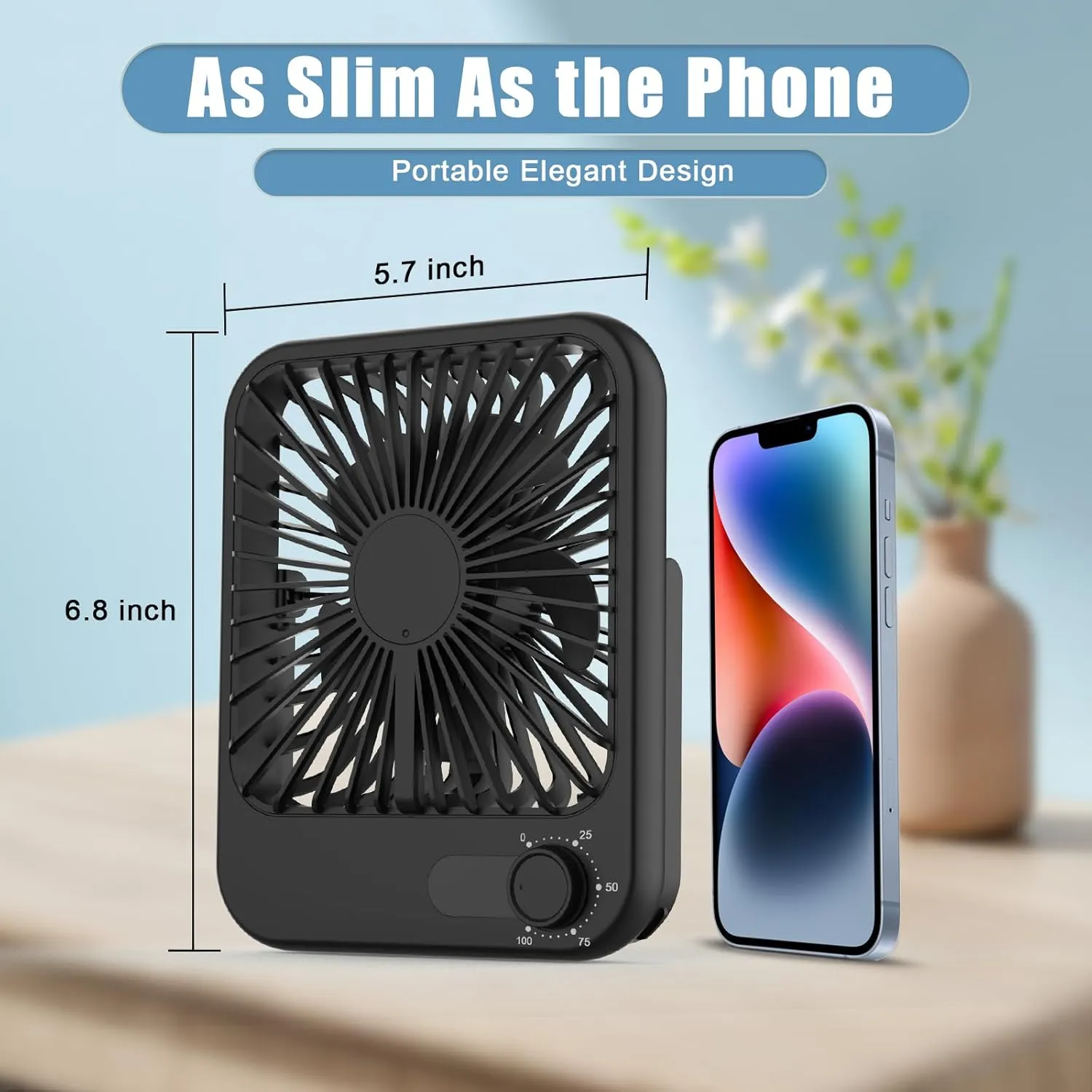 Small Desk Fan, 100 Speeds Personal Fan Portable Rechargeable with Battery Powered, 180°Tilt Adjustable Quiet Bedroom Fan, Home Beach Camping Travel Office Desk Accessories, Black