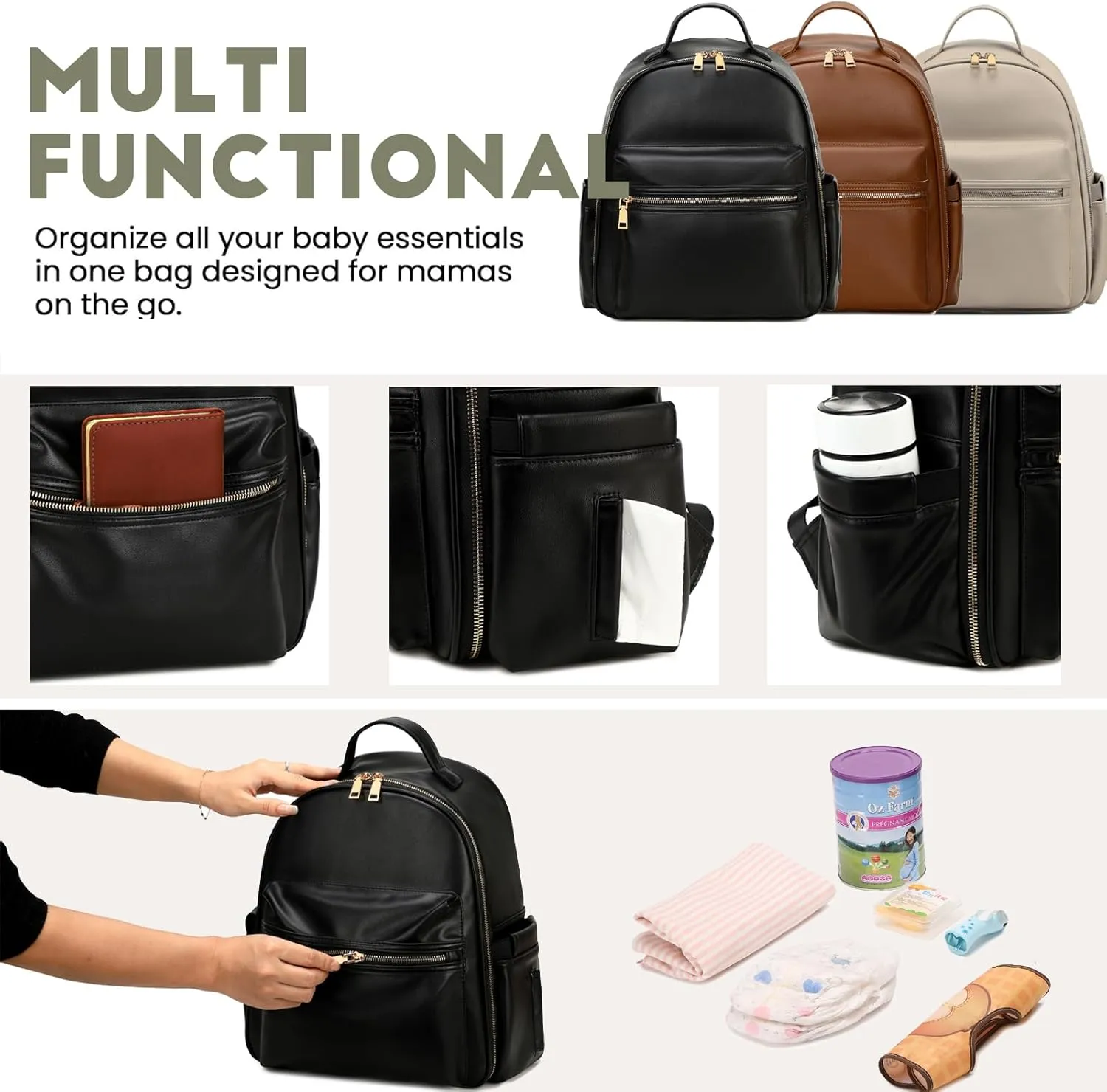 Small Diaper Backpack with Stroller Buckle, Insulated Pockets and Water-proof Pocket (Black-gold)
