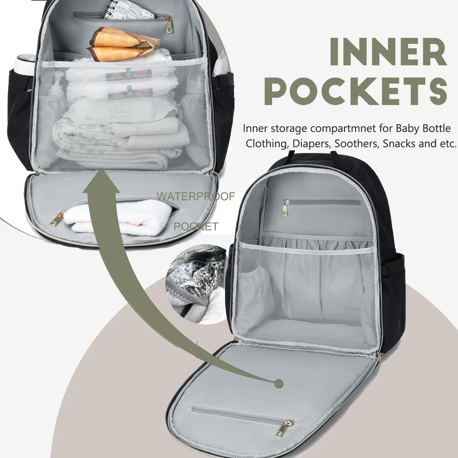 Small Diaper Backpack with Stroller Buckle, Insulated Pockets and Water-proof Pocket (Black-gold)