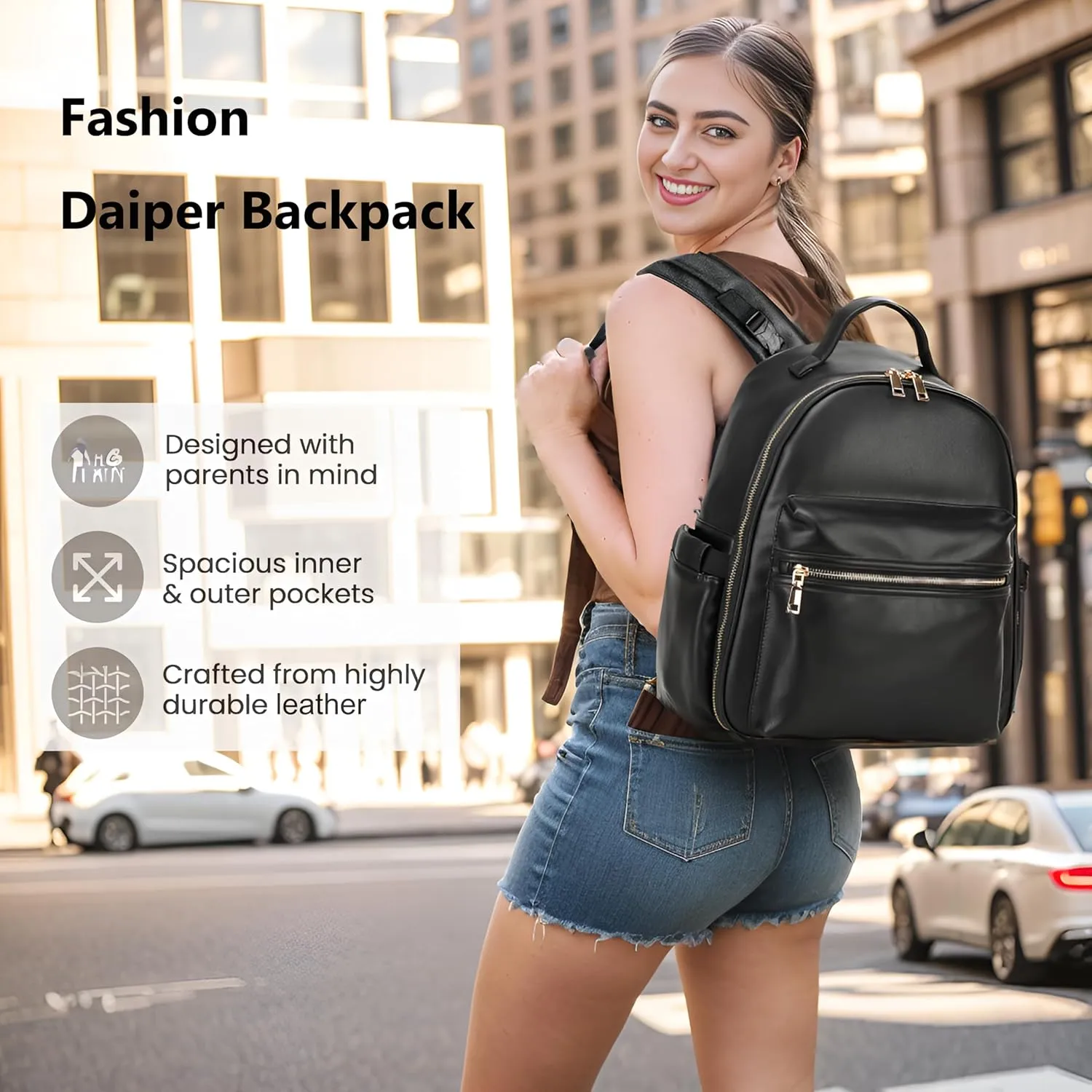 Small Diaper Backpack with Stroller Buckle, Insulated Pockets and Water-proof Pocket (Black)