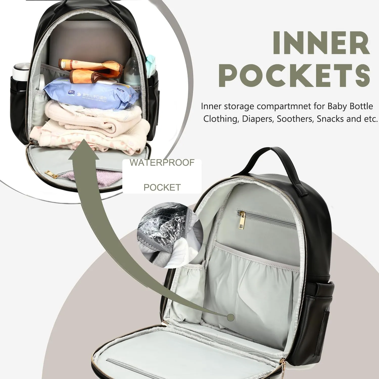Small Diaper Backpack with Stroller Buckle, Insulated Pockets and Water-proof Pocket (Black)