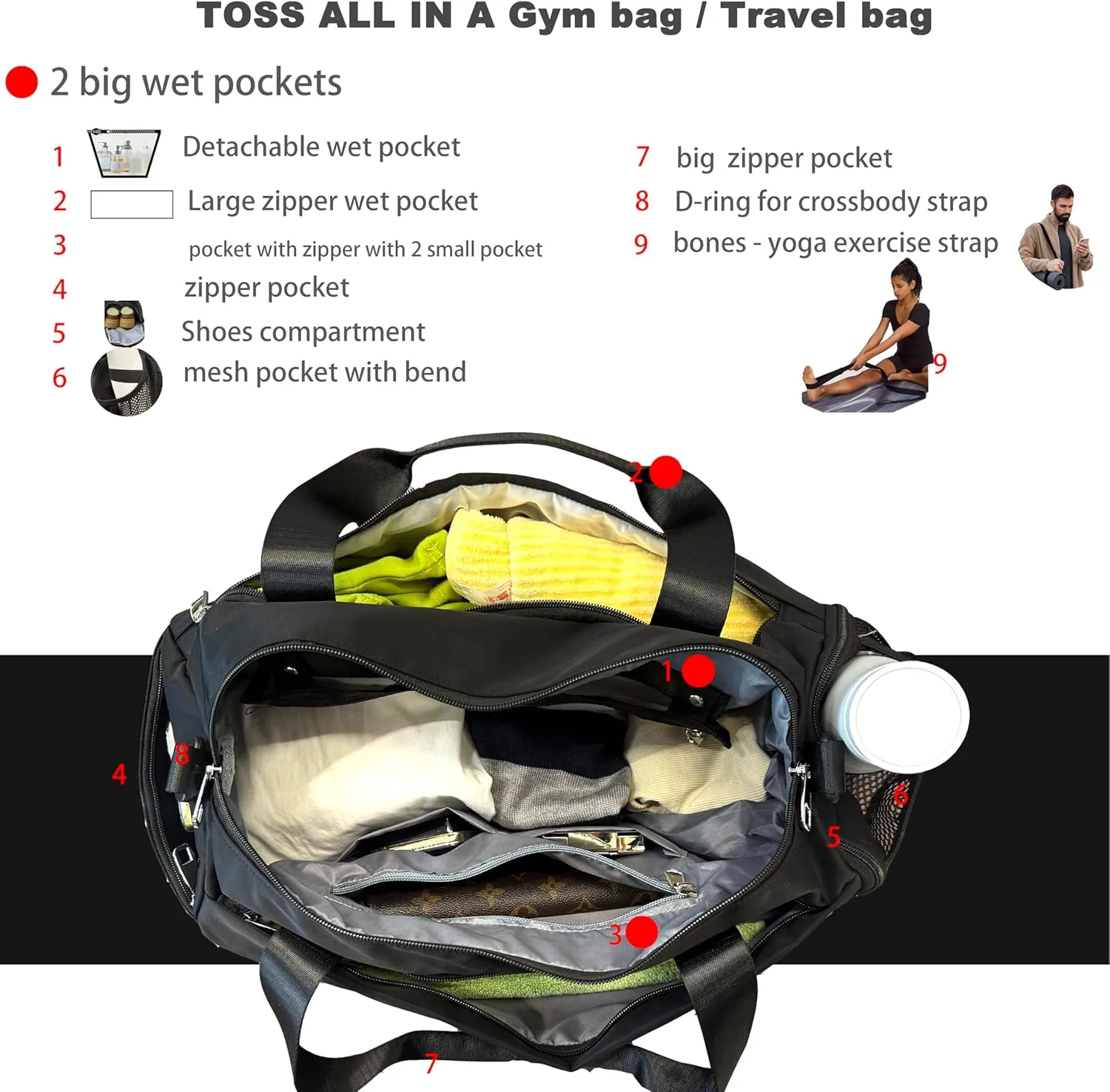 Small Gym Bag for Men & Women with Shoe & 2 Wet Compartment - Duffle Bag for Travel, Sports, Fitness & Workout (pastel pink)