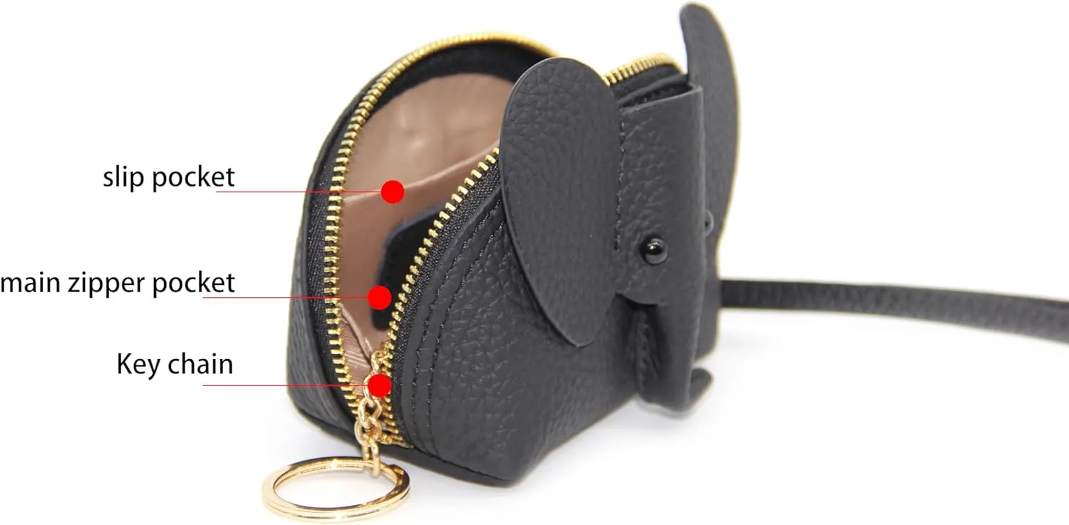 Small Leather Coin Purse for Women Cute Elephant Change Purse for Girls Zipper Coin Pouch Wallet with Key Chain and Wrist Strap (1-Black)