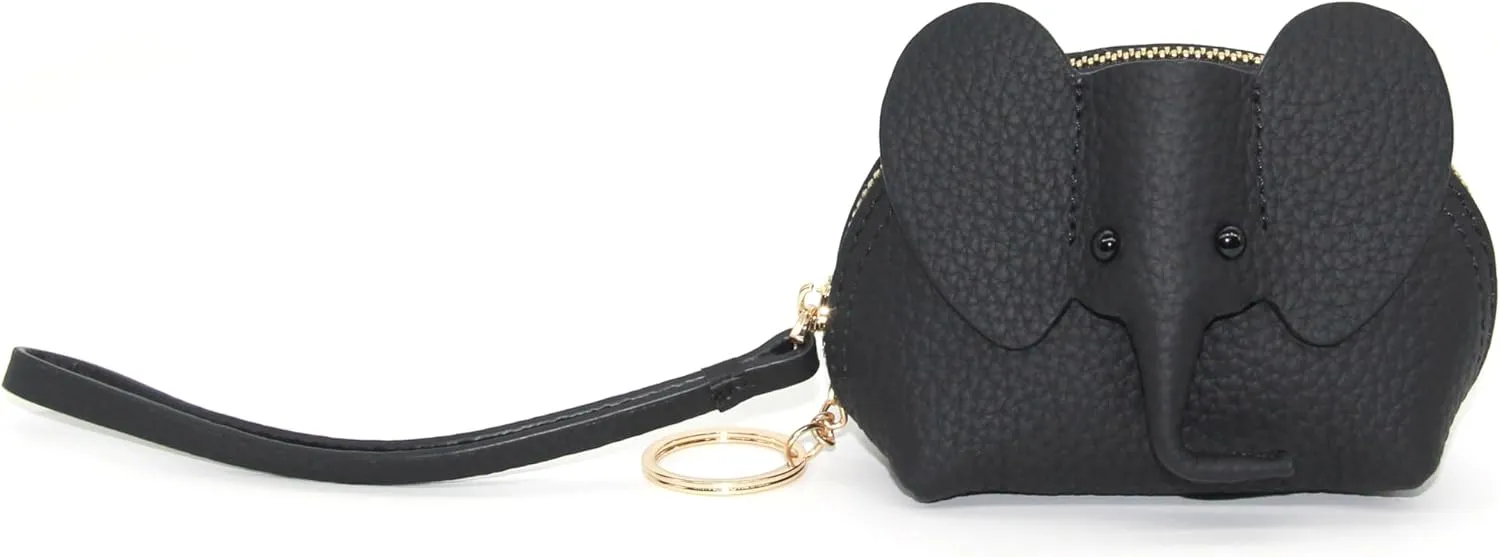 Small Leather Coin Purse for Women Cute Elephant Change Purse for Girls Zipper Coin Pouch Wallet with Key Chain and Wrist Strap (1-Black)