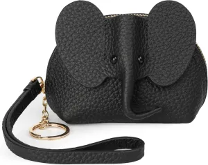 Small Leather Coin Purse for Women Cute Elephant Change Purse for Girls Zipper Coin Pouch Wallet with Key Chain and Wrist Strap (1-Black)
