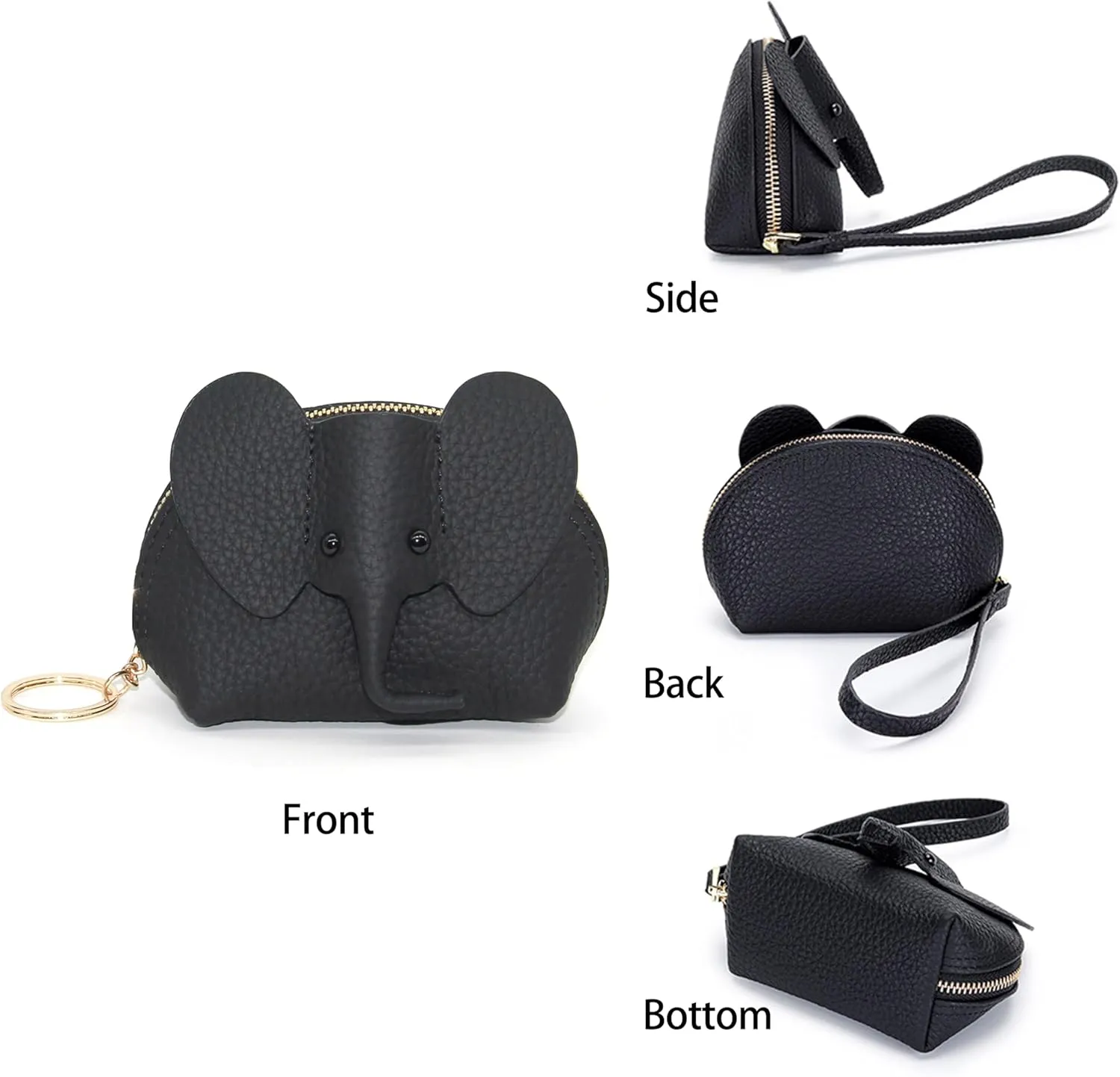 Small Leather Coin Purse for Women Cute Elephant Change Purse for Girls Zipper Coin Pouch Wallet with Key Chain and Wrist Strap (1-Black)