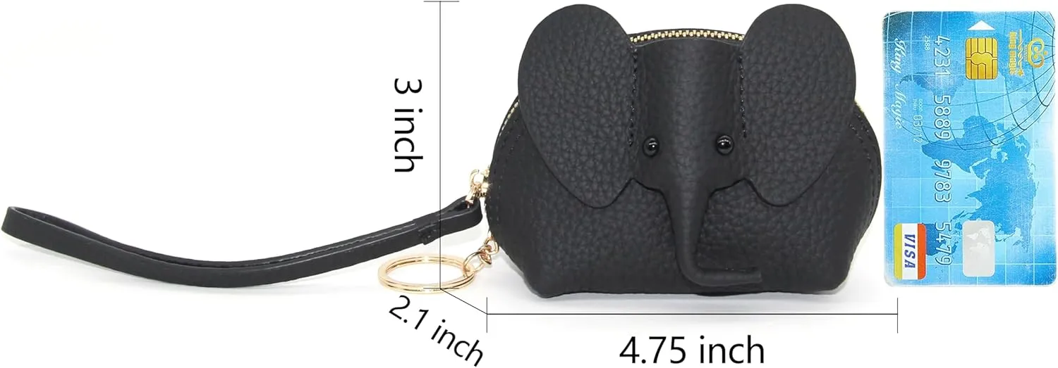 Small Leather Coin Purse for Women Cute Elephant Change Purse for Girls Zipper Coin Pouch Wallet with Key Chain and Wrist Strap (1-Black)