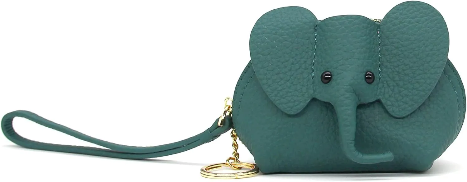 Small Leather Coin Purse for Women Cute Elephant Change Purse for Girls Zipper Coin Pouch Wallet with Key Chain and Wrist Strap (2-Lake blue)
