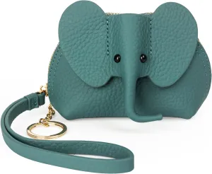 Small Leather Coin Purse for Women Cute Elephant Change Purse for Girls Zipper Coin Pouch Wallet with Key Chain and Wrist Strap (2-Lake blue)