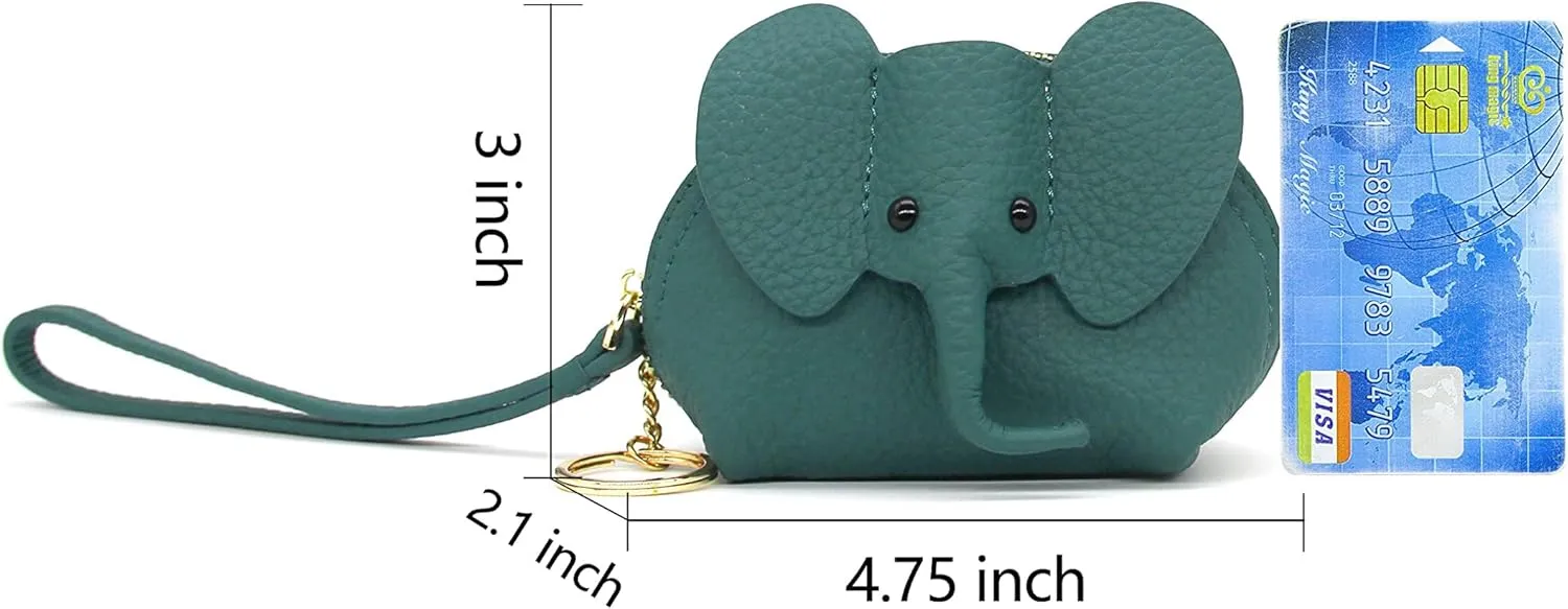 Small Leather Coin Purse for Women Cute Elephant Change Purse for Girls Zipper Coin Pouch Wallet with Key Chain and Wrist Strap (2-Lake blue)