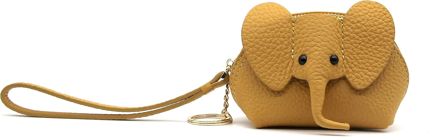 Small Leather Coin Purse for Women Cute Elephant Change Purse for Girls Zipper Coin Pouch Wallet with Key Chain and Wrist Strap (3-Yellow)
